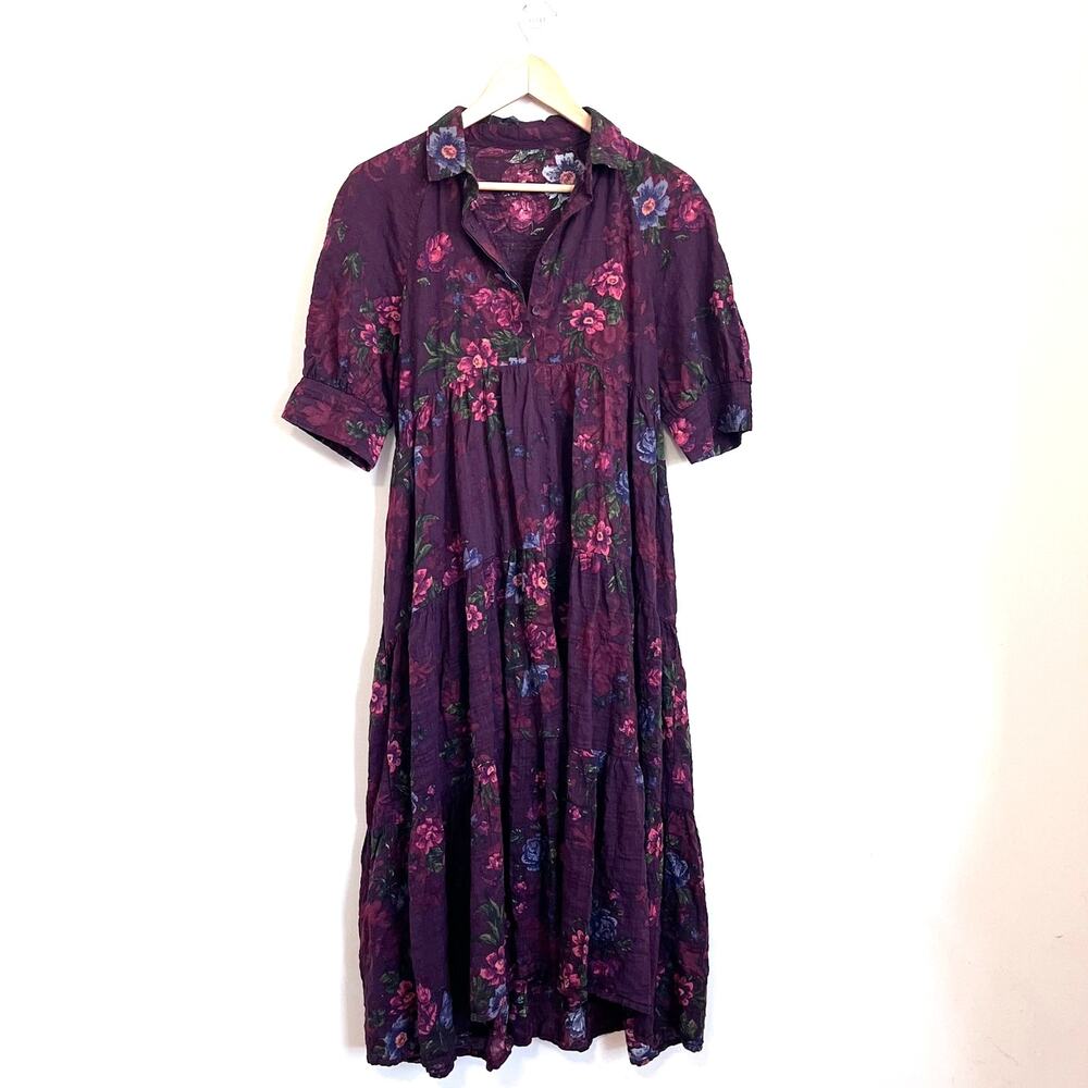 Floral Button-Front Midi Dress in Deep Plum